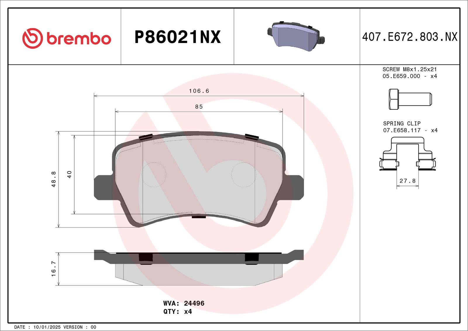 BREMBO P86021NX Brake pad set, disc brake