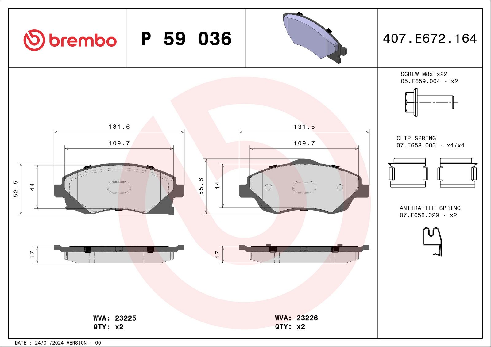 BREMBO P 59 036 Stabdžių trinkelių rinkinys, diskinis stabdys