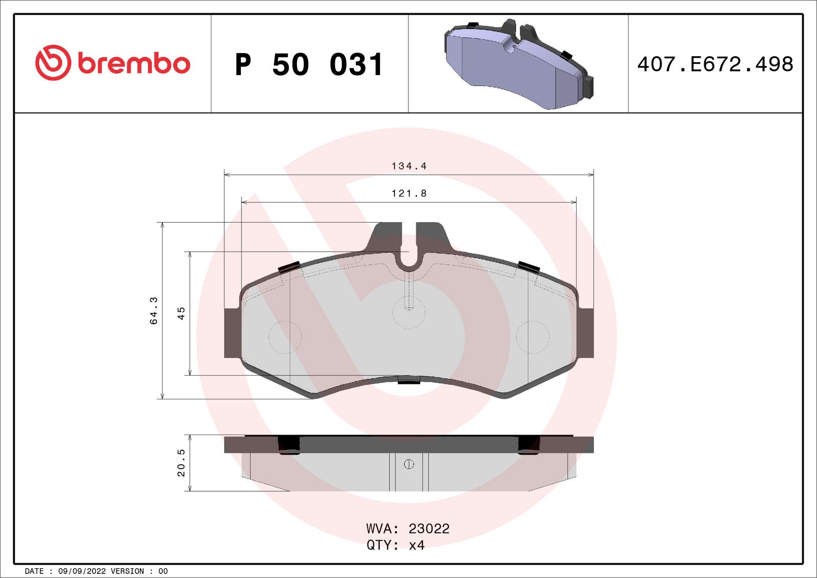 BREMBO P 50 031 Stabdžių trinkelių rinkinys, diskinis stabdys