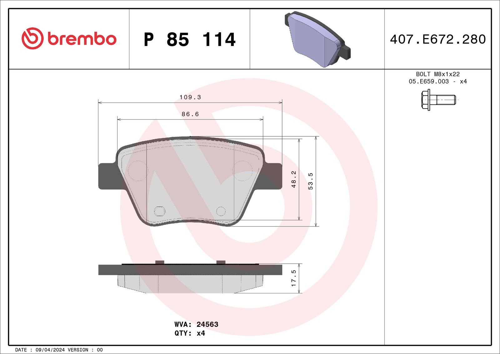 BREMBO P 85 114 Stabdžių trinkelių rinkinys, diskinis stabdys