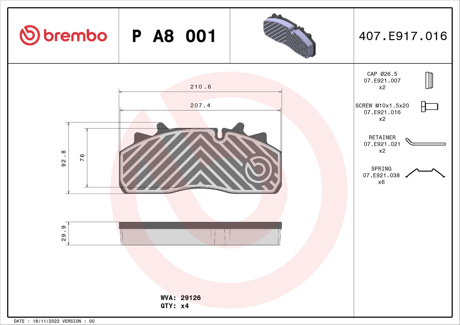 BREMBO P A8 001 Brake pad set, disc brake