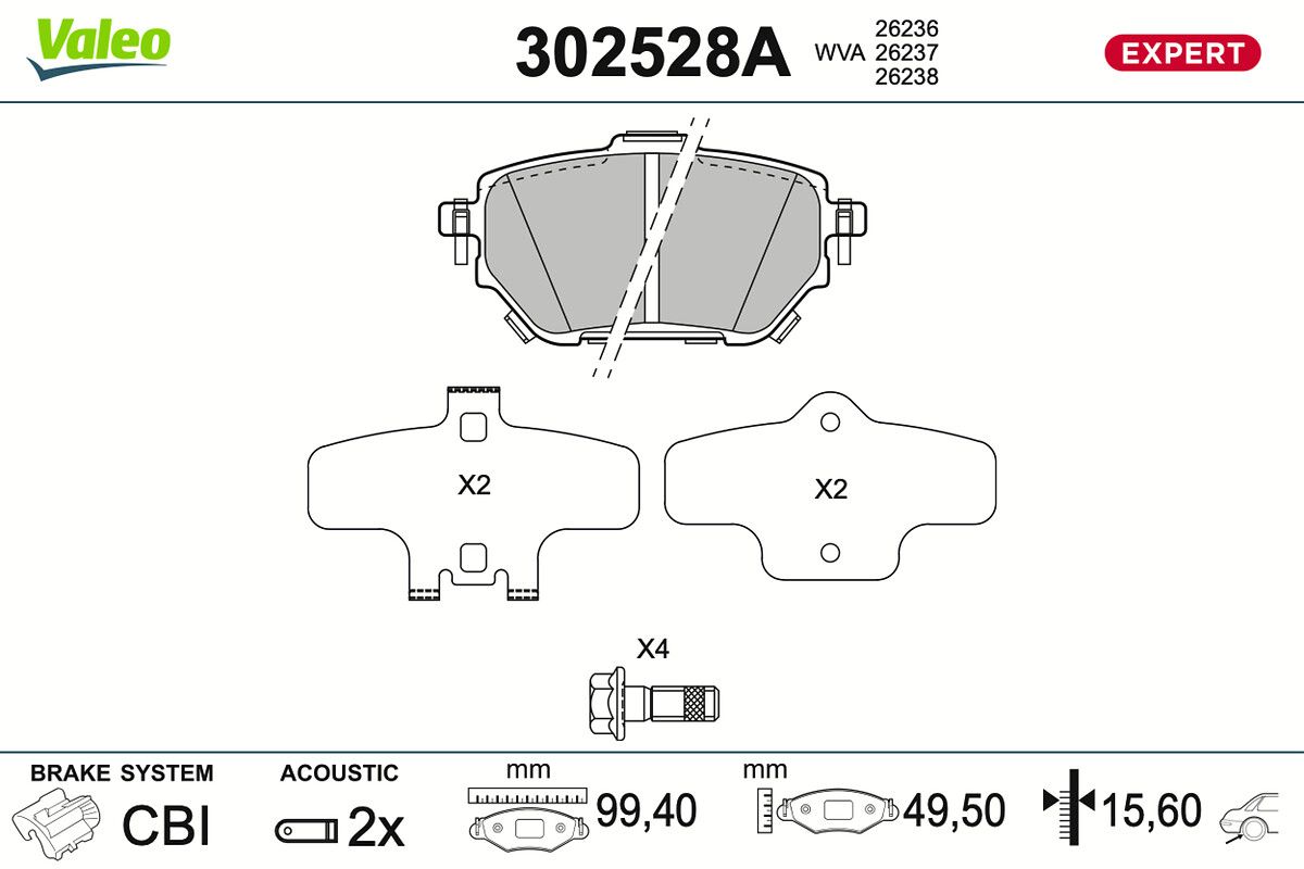 VALEO 302528A Stabdžių trinkelių rinkinys, diskinis stabdys