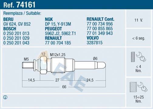 FAE 74161 Glow plug