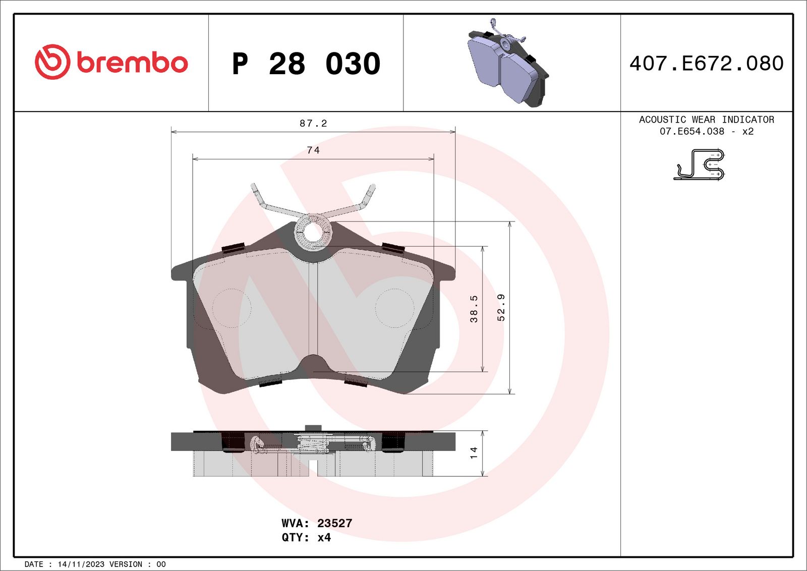 BREMBO P 28 030 Stabdžių trinkelių rinkinys, diskinis stabdys