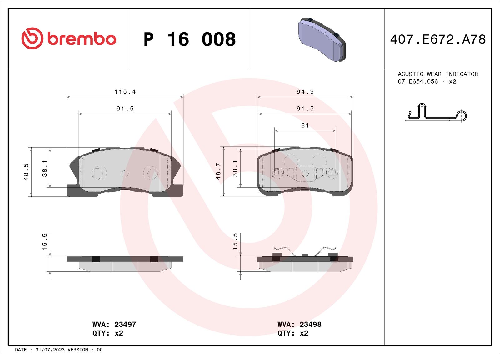 BREMBO P 16 008 Stabdžių trinkelių rinkinys, diskinis stabdys