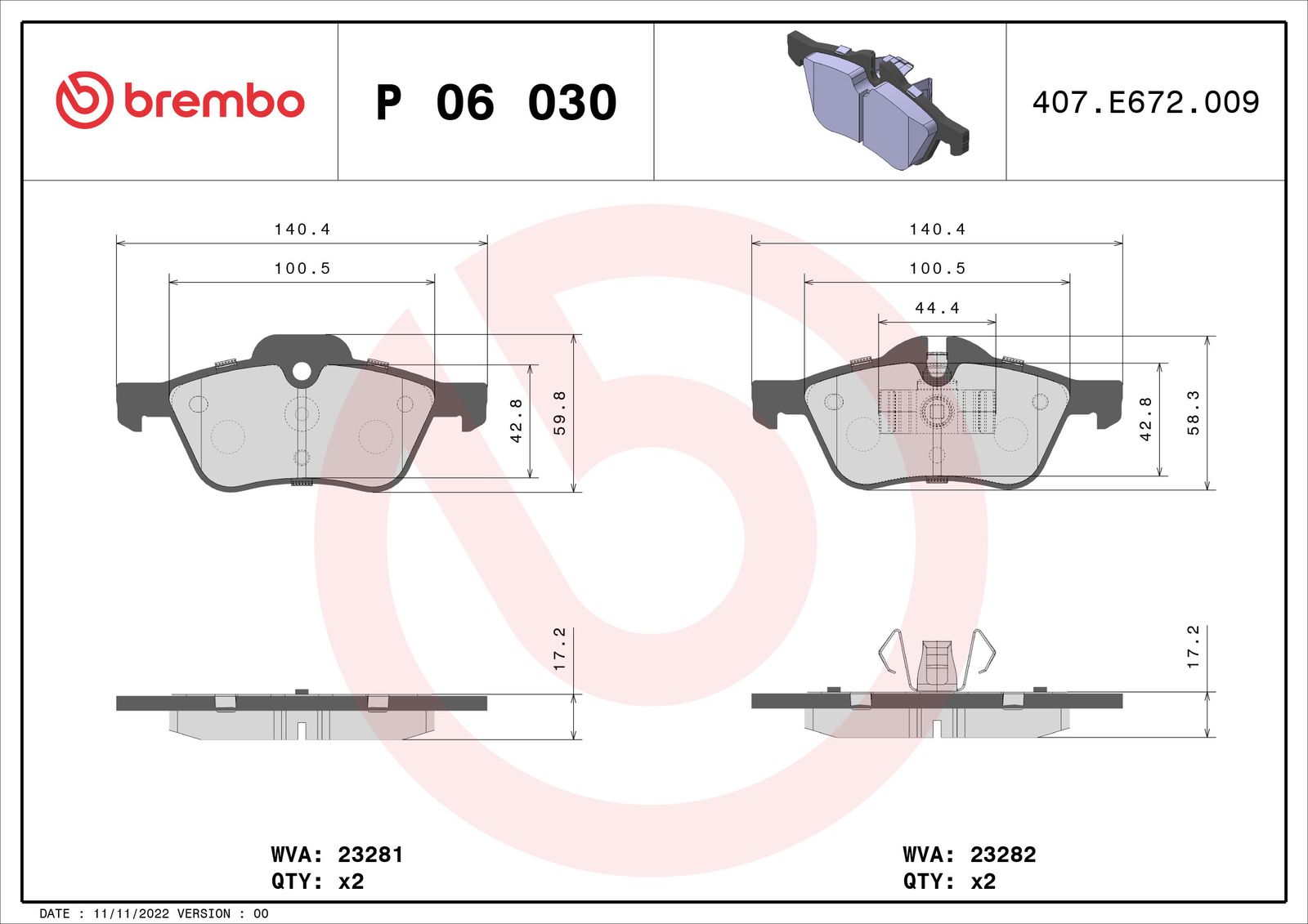 BREMBO P 06 030 Stabdžių trinkelių rinkinys, diskinis stabdys