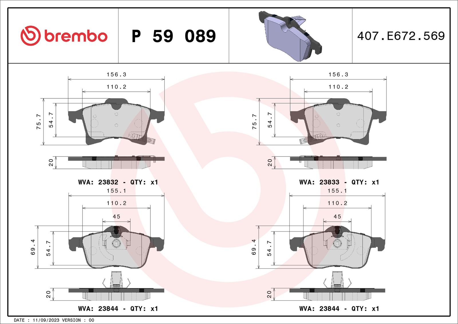 BREMBO P 59 089 Stabdžių trinkelių rinkinys, diskinis stabdys