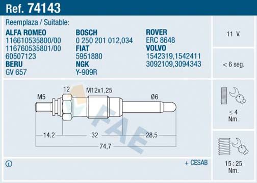 FAE 74143 Glow plug