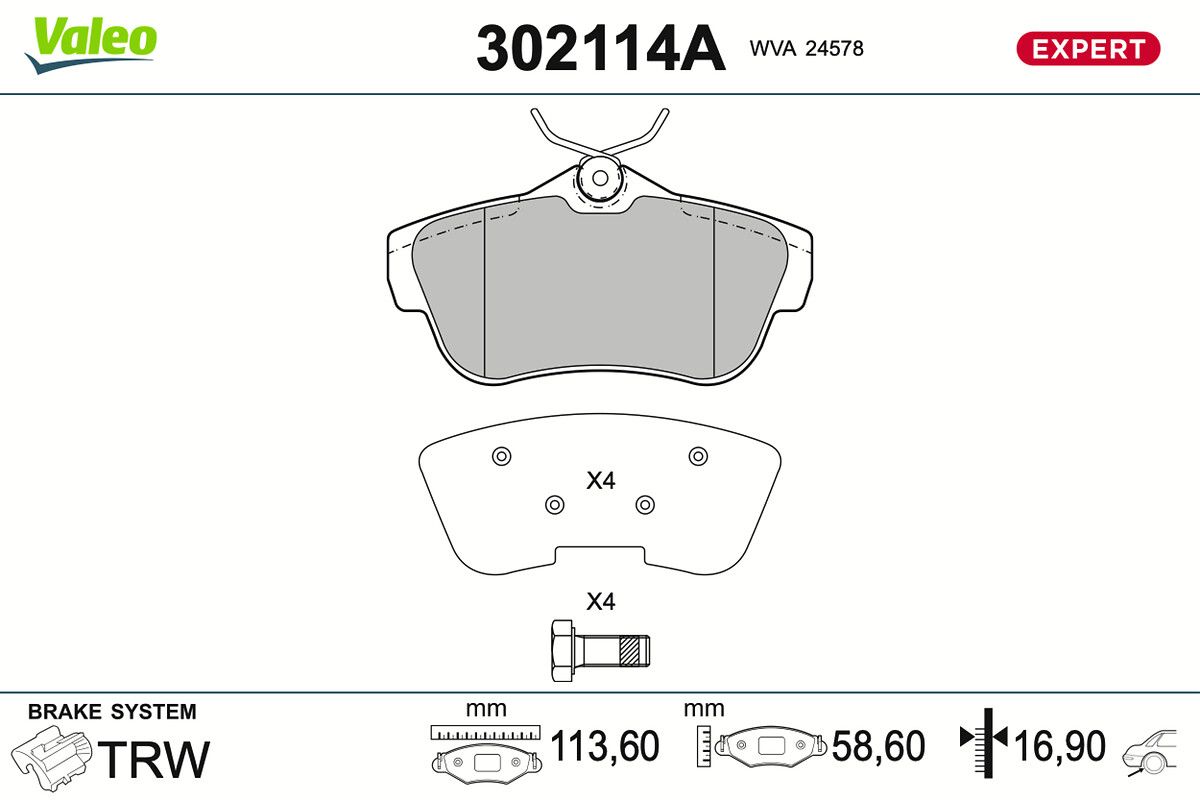 VALEO 302114A Stabdžių trinkelių rinkinys, diskinis stabdys