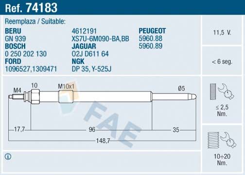 FAE 74183 Glow plug