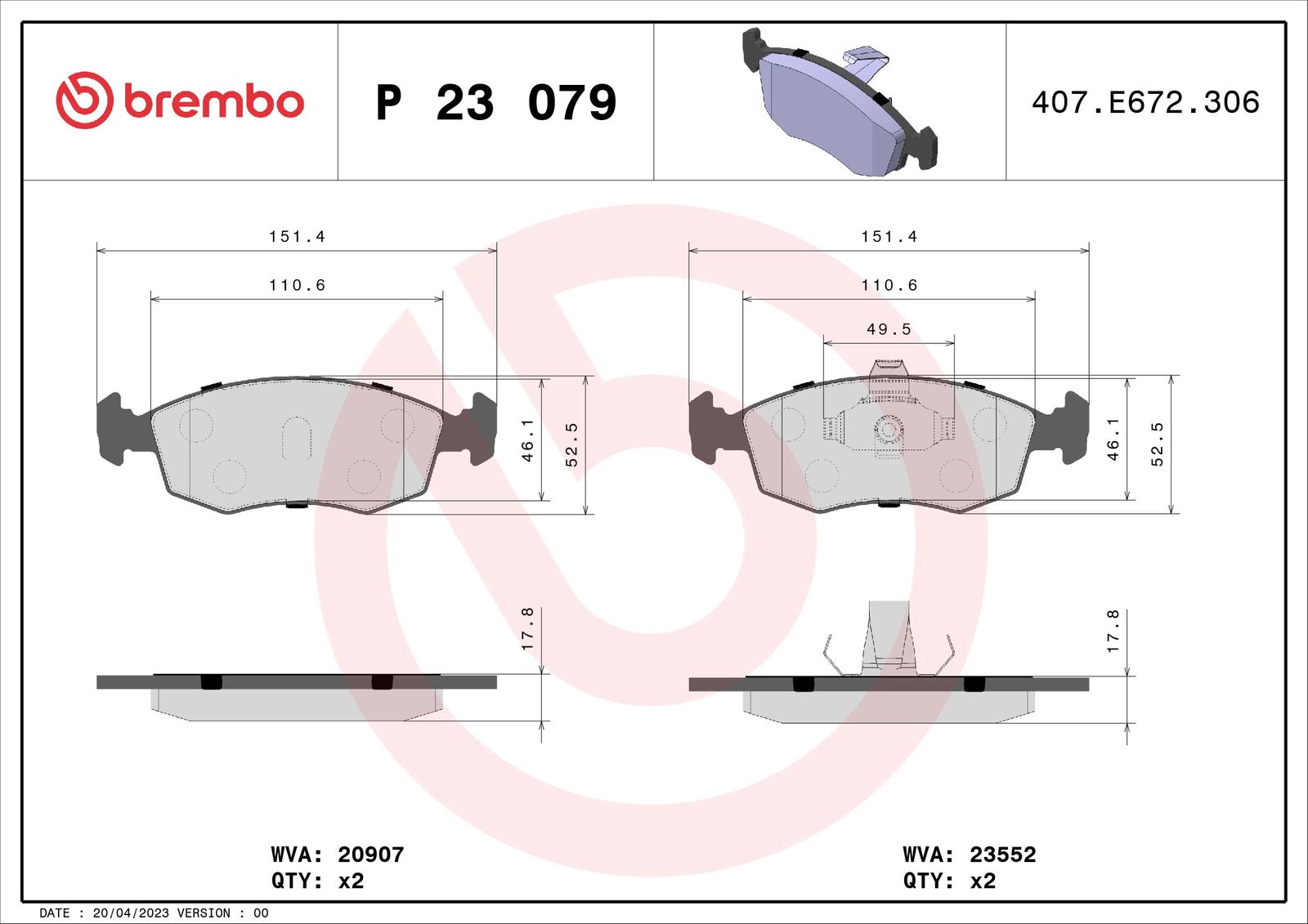 BREMBO P 23 079 Stabdžių trinkelių rinkinys, diskinis stabdys