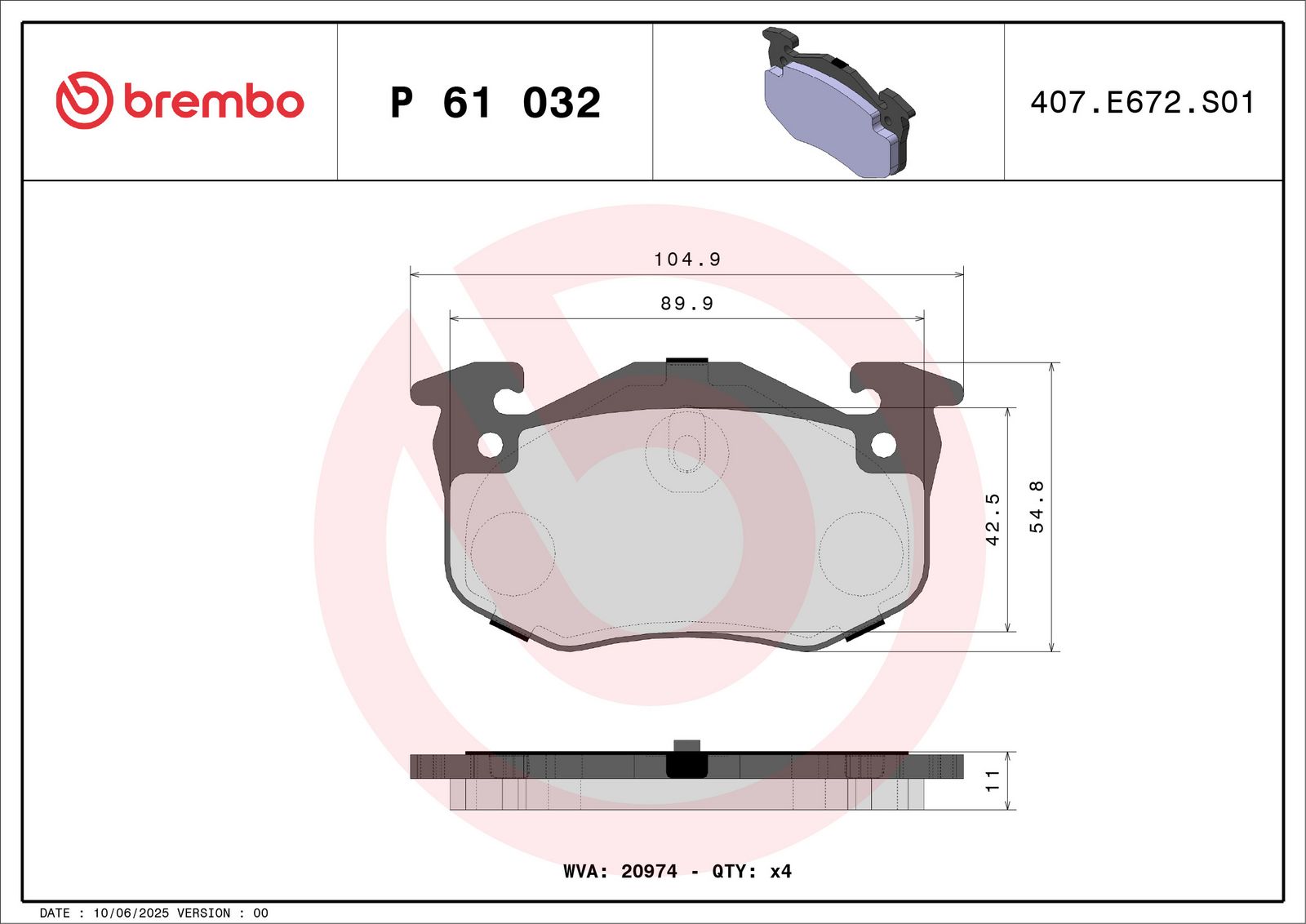 BREMBO P 61 032 Stabdžių trinkelių rinkinys, diskinis stabdys
