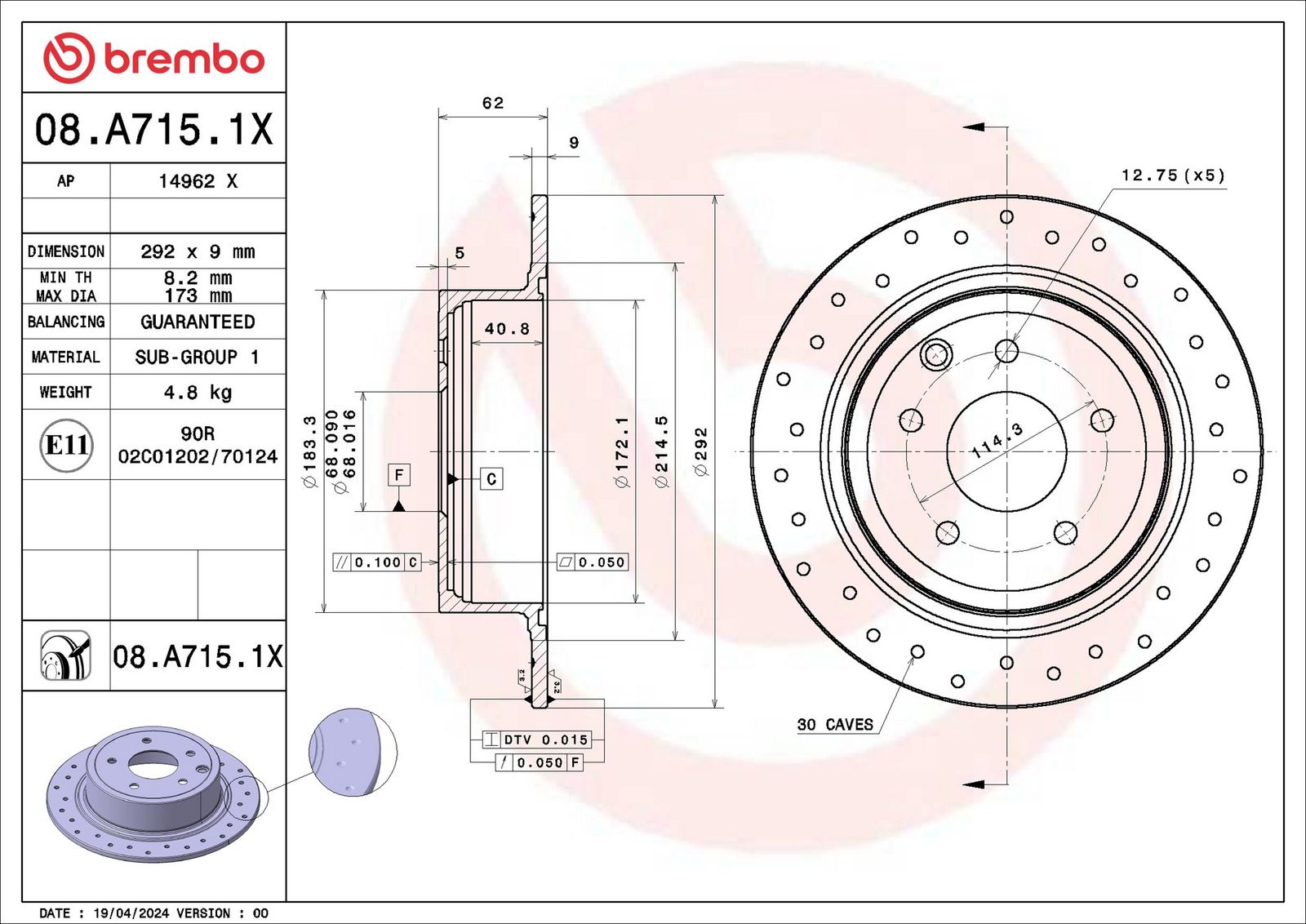BREMBO 08.A715.1X Brake disc