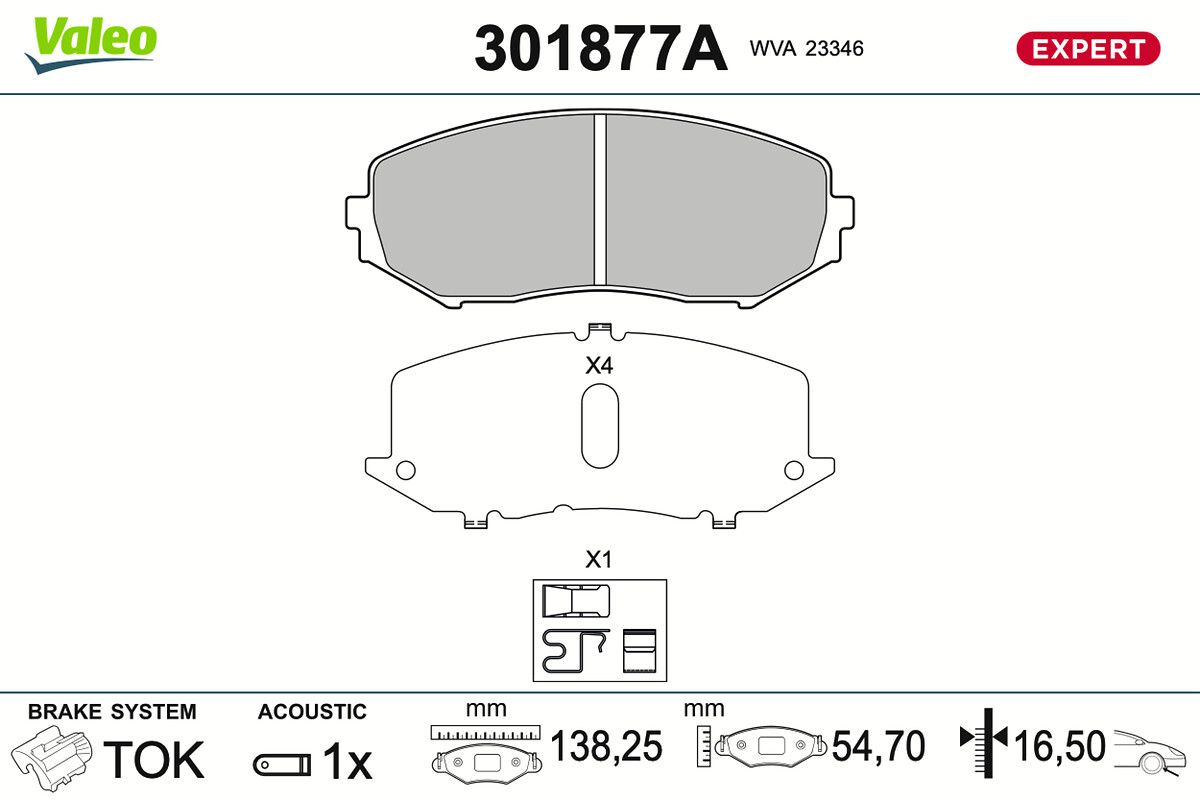 VALEO 301877A Stabdžių trinkelių rinkinys, diskinis stabdys