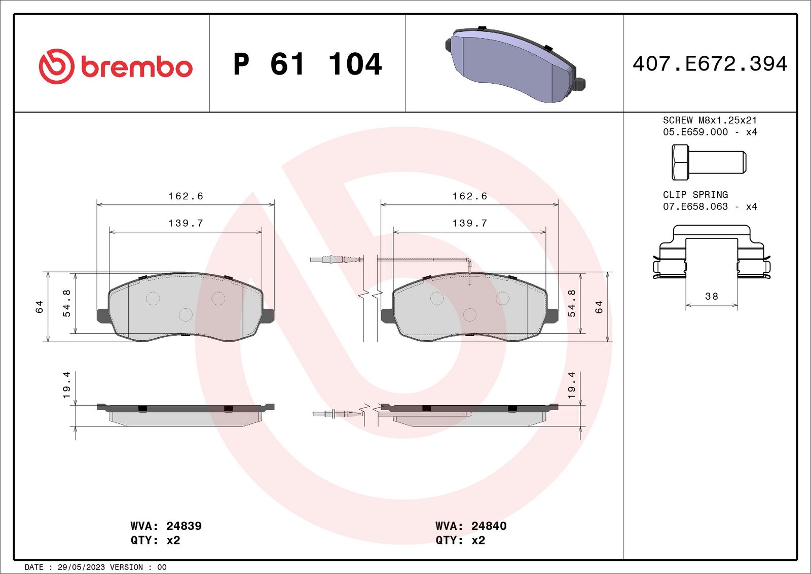 BREMBO P 61 104 Stabdžių trinkelių rinkinys, diskinis stabdys