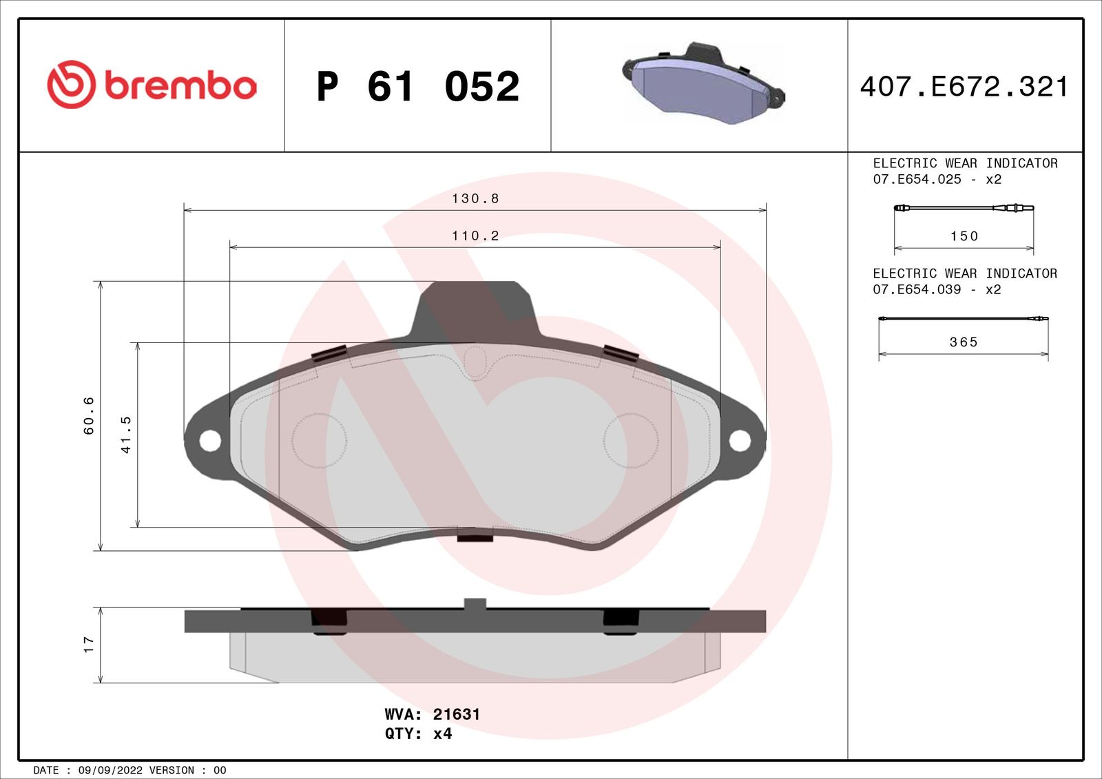 BREMBO P 61 052 Stabdžių trinkelių rinkinys, diskinis stabdys