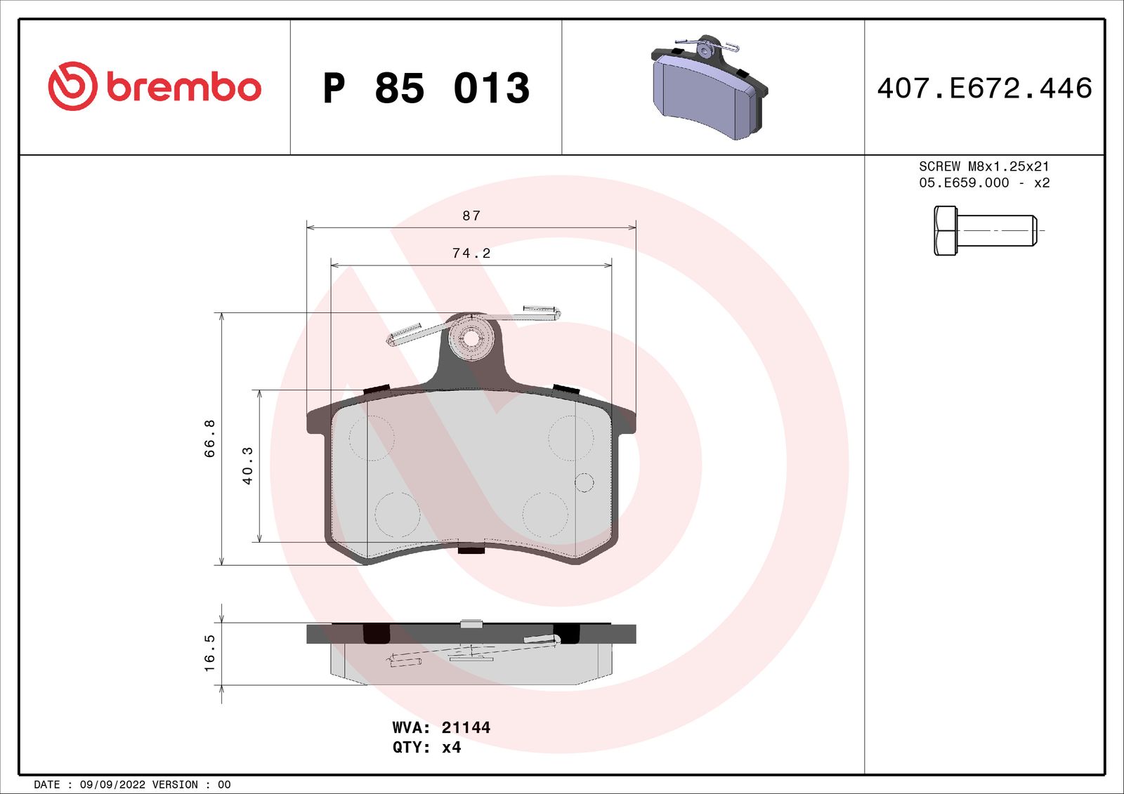 BREMBO P 85 013 Stabdžių trinkelių rinkinys, diskinis stabdys