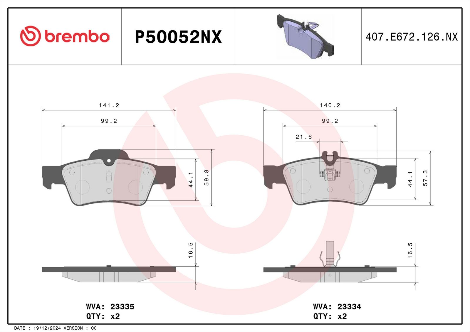 BREMBO P50052NX Brake pad set, disc brake