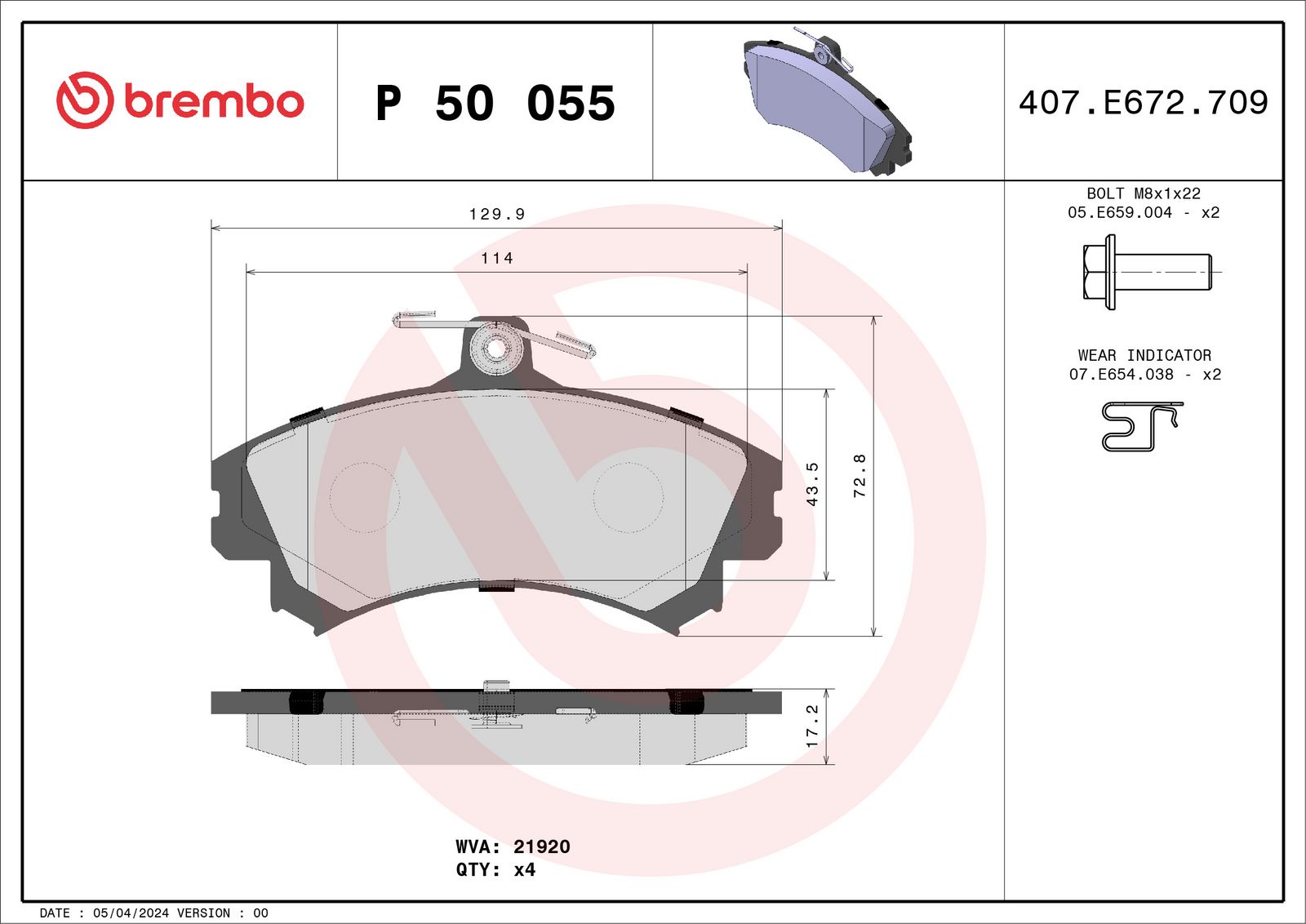 BREMBO P 50 055 Stabdžių trinkelių rinkinys, diskinis stabdys