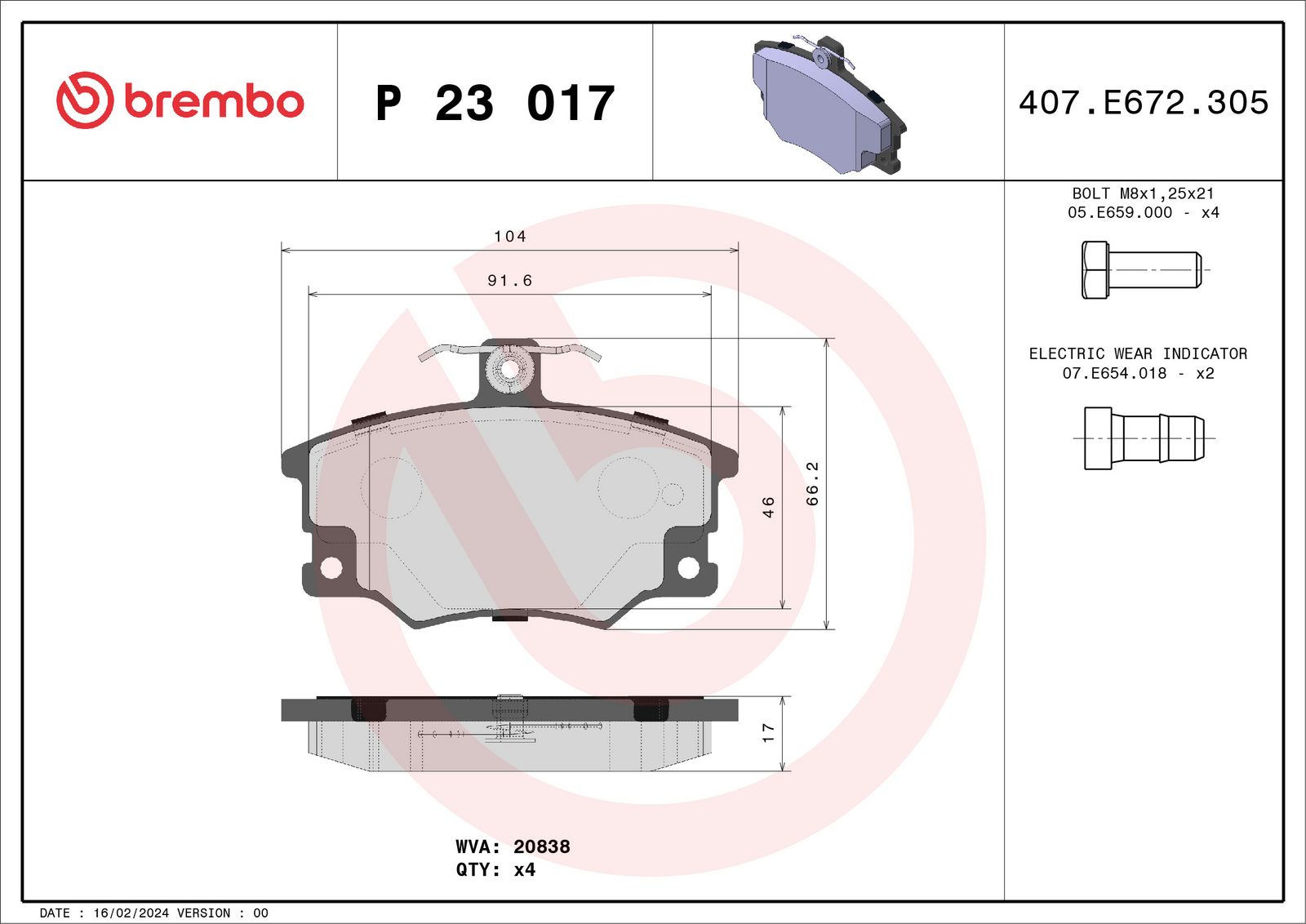 BREMBO P 23 017 Stabdžių trinkelių rinkinys, diskinis stabdys