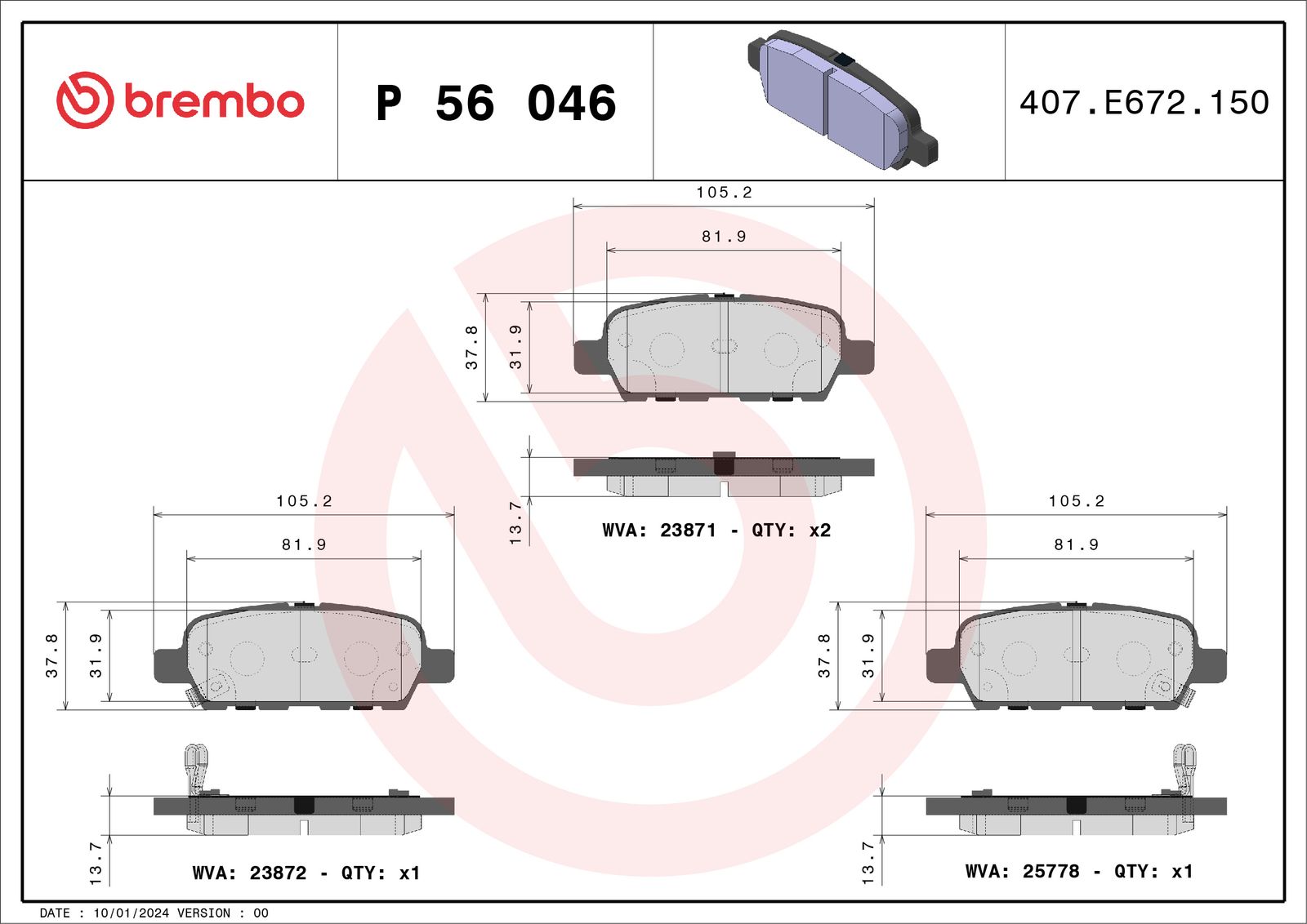 BREMBO P 56 046 Stabdžių trinkelių rinkinys, diskinis stabdys